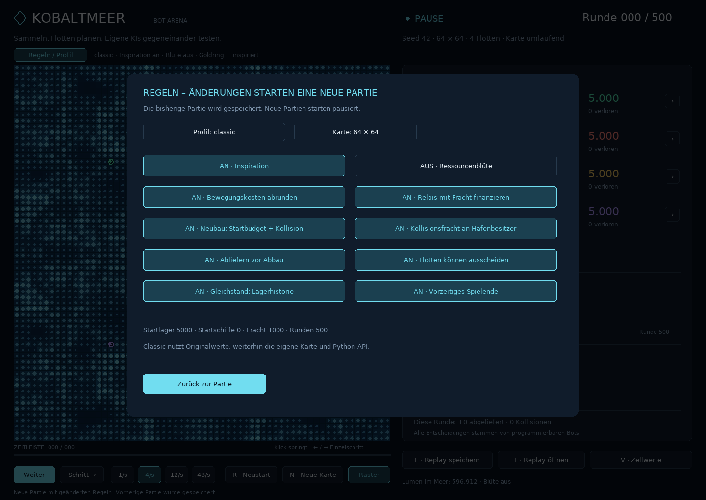 Regelmenü mit Profil, Kartengröße und den zehn Regelschaltern